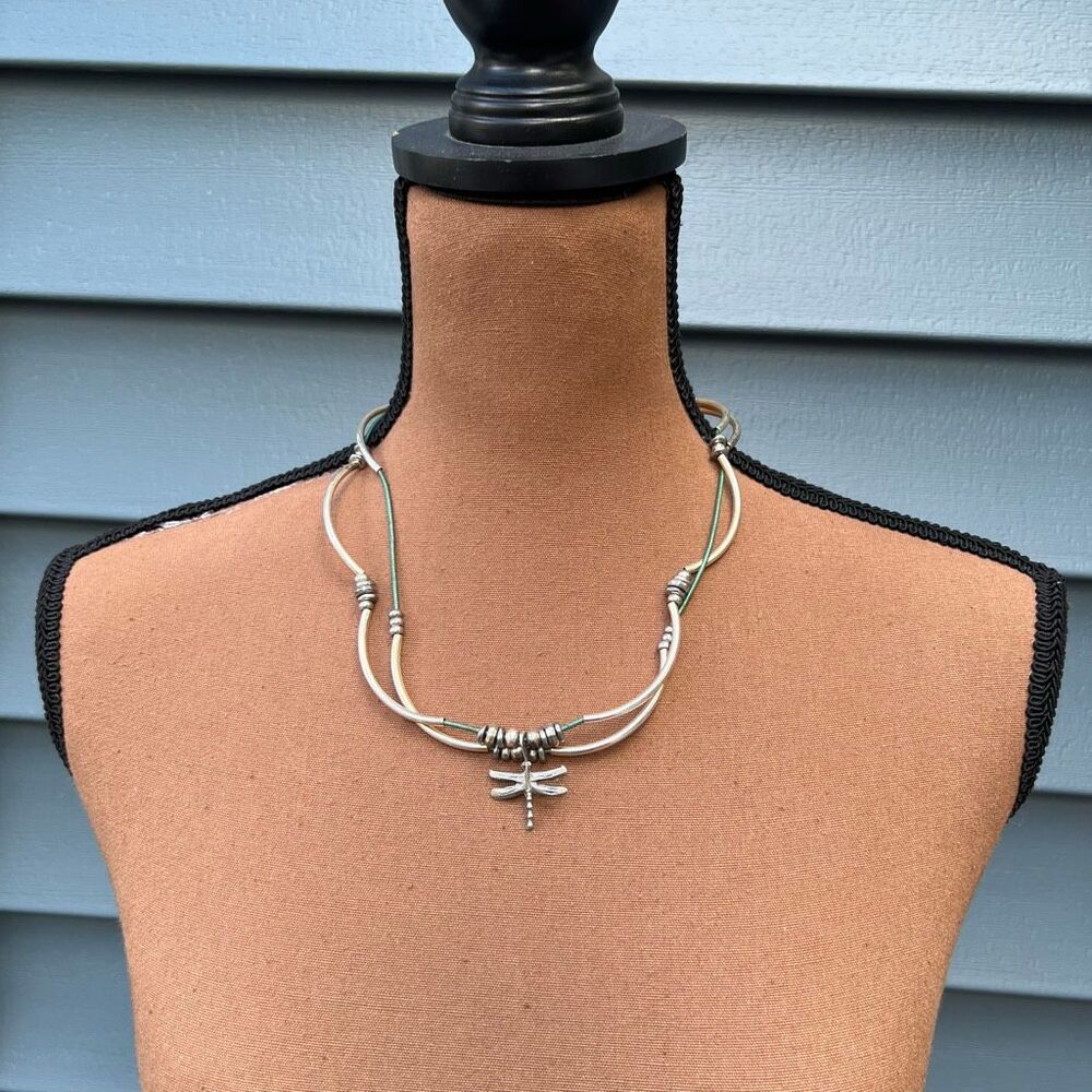 Lizzy James, Dragonfly Silver Noodle Beads, Green Leather Cord Layering Necklace